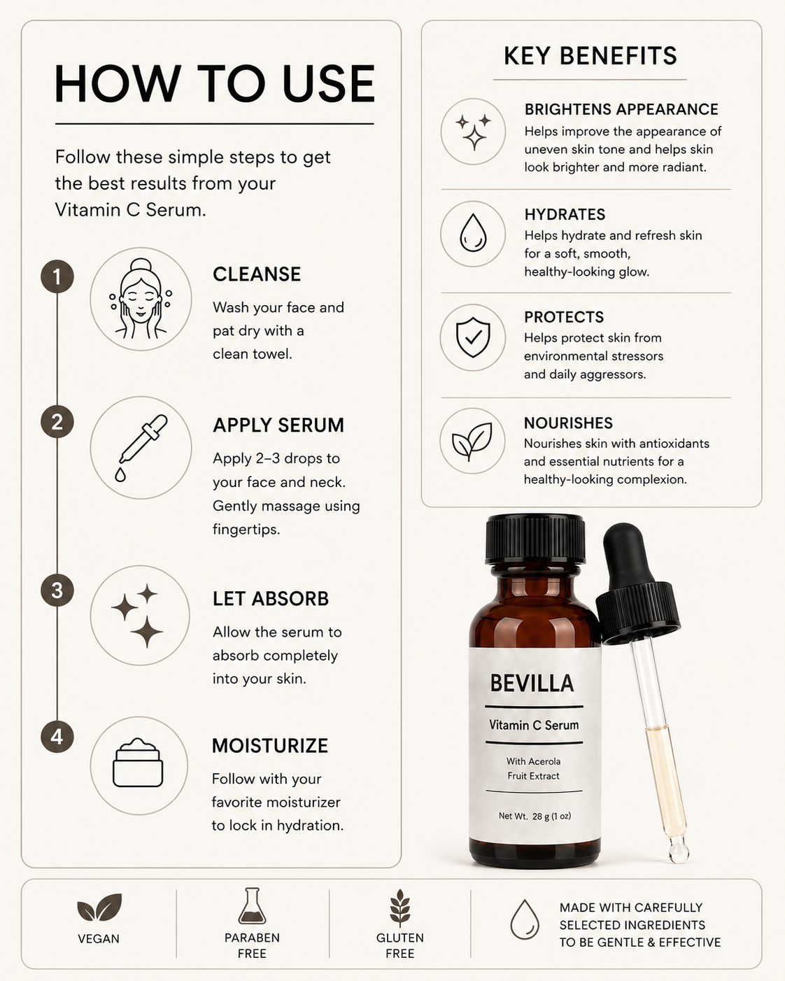 Bevilla Vitamin C Serum for Face – Brightening & Hydrating Facial Serum 1 fl oz