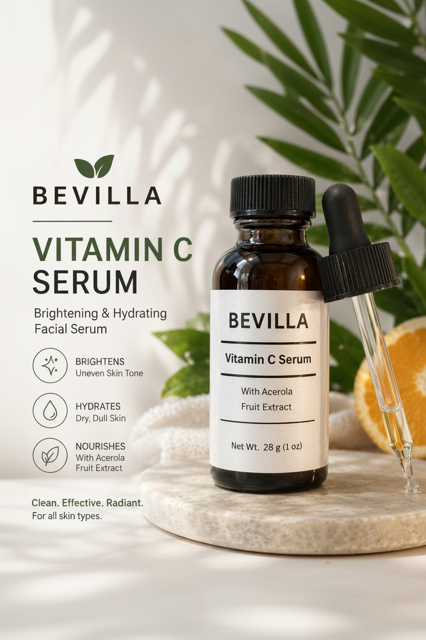 Bevilla Vitamin C Serum for Face – Brightening & Hydrating Facial Serum 1 fl oz
